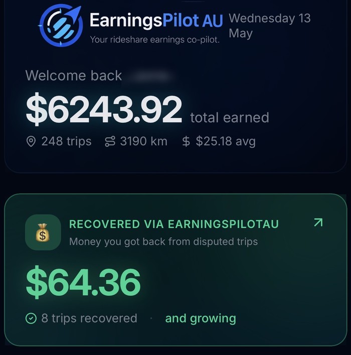 EarningsPilotAU dashboard showing total earned, trips, kilometres and amounts recovered